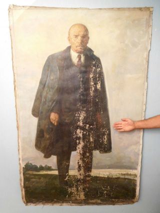 Soviet Russian Big Oil Painting On Canvas Portrait Of V.  Lenin 70s Ussr