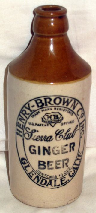Vintage Henry Brown Sierra Club 12oz Ginger Beer Stoneware Bottle Glendale Ca