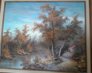 Signed & Framed Vintage Oil,  Woodland River with cottage 2