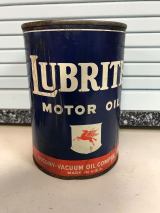 Vintage Mobil Lubrite Oil Can Quart Metal gas rare sign tin handy Shell Sunoco 4 2