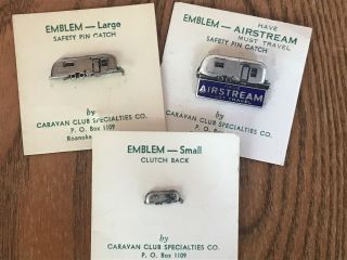 3 Vintage Airstream Pins Emblems With Advertising Wally Byam