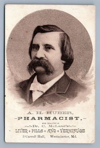 Victorian Trade Card A.  H.  Huber Pharmacist Westminster Md Mclane 