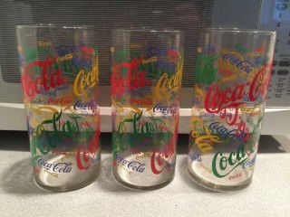 Vtg Set Of 3 Coca Cola Multi Color Logo Glass Tumblers Highballs Lettering 8”