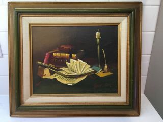 Frank Lean - Vintage Still Life - Oil On Canvas Books And Candle 15 X 13