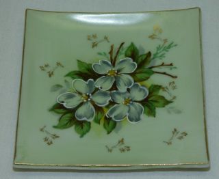 4 Vtg Porcelain 3.  75 " Sq Coaster Dish Plate Set Dogwood Floral K110 Lefton Napco