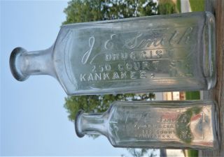 Kankakee Illinois,  2 Sizes Embossed Drug Store Bottles,  J.  E.  Smith Druggist