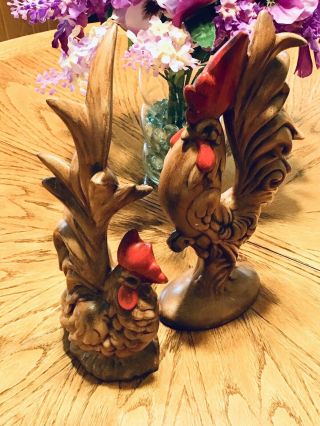 Vintage Pair Tall Ceramic Rooster Chicken Hen Figurines Brown Red 1970 Dated