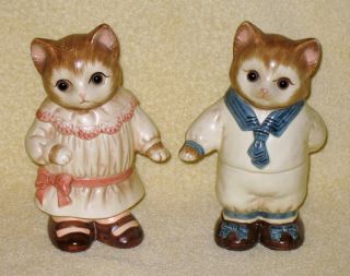 Rare Vintage Boy And Girl Global Art Hand Painted Cat Figurines