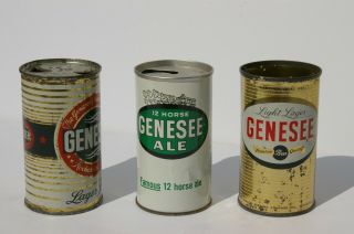 GENESEE 12 HORSE ALE ZIP TOP & 2 GENESEE FLAT TOP BEER CANS ROCHESTER NO RES 4