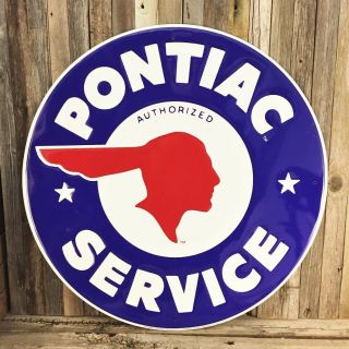 Pontiac Service Large 24 " Round Metal Tin Sign Vintage Shop Garage Dealer Blue