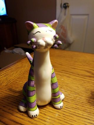 Whimsiclay Cat Tall Green Purple Stripes 86248 2005