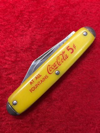 Rare Vintage At All Fountains Coca - Cola 5 Cents Yellow 2 Blade Pocket Knife Usa