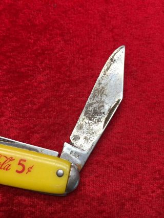 Rare Vintage At All Fountains Coca - Cola 5 Cents Yellow 2 Blade Pocket Knife USA 5