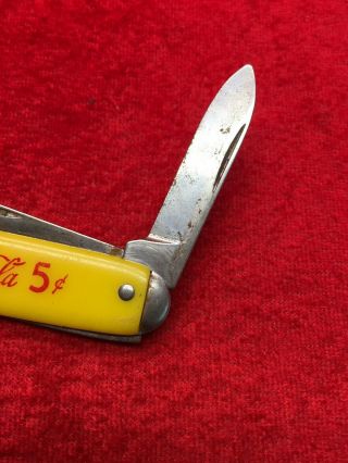 Rare Vintage At All Fountains Coca - Cola 5 Cents Yellow 2 Blade Pocket Knife USA 7