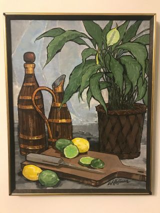 Vtg Mid Century Modern Signed Still Life Oil Painting Fruit Levier Era