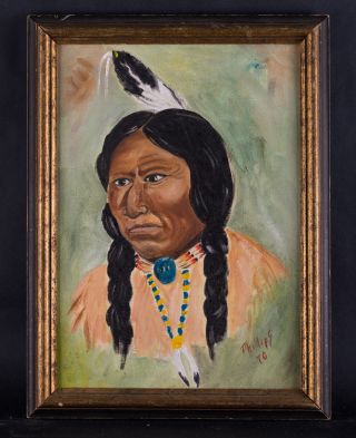 Vintage Oil Painting " Portrait Of Native American "