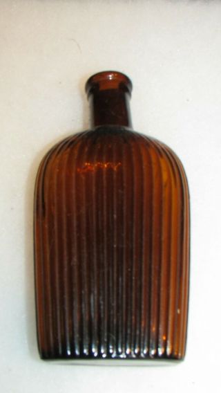 Antique 19th Century Blown Mold 1/2 Pint Amber Brown Ribbed Glass Flask Bottle