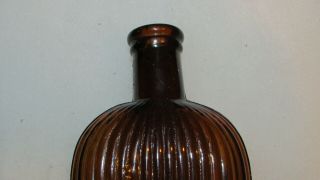 Antique 19th Century Blown Mold 1/2 Pint Amber Brown Ribbed Glass Flask Bottle 2