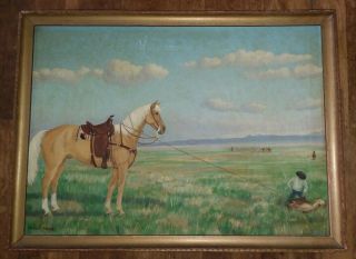 Framed 1900 Texas Folk Art Oil On Canvas Cowboy & Horse Calf Roping 16 " X 20 "