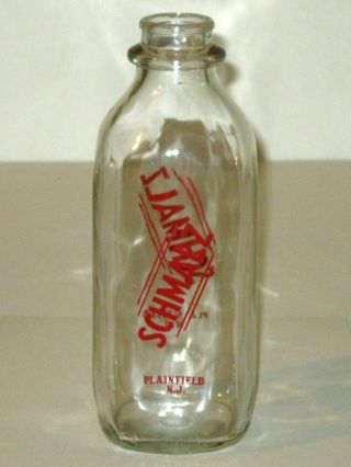 Rare 1950s Schmalz Dairy Farms Pyroglazed Glass Quart Milk Bottle Plainfield Nj