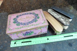 Vintage Louis Sherry Ny Paris Tin Hinged Candy Tin Box W/ 3 Vanity Brushes