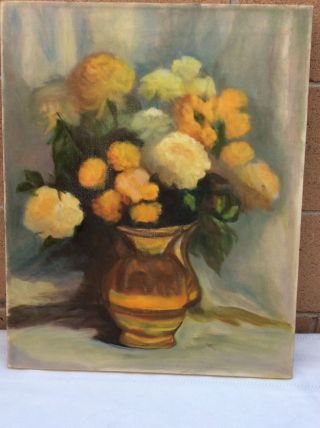 16 x 20 Canvas Yellow/White Flowers in Vase Blue/White Background Unsigned 2