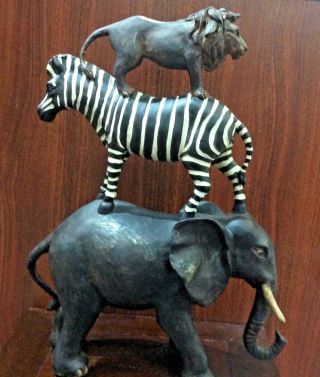14.  5 Inch Lion,  Zebra,  And Elephant Stacked Statue Figurine
