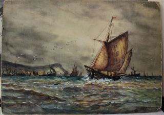 1940 Maritime Watercolor Painting,  Sail Boats - Royal Watercolor Society London