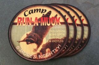 (4) Camp Run A Muck Wood Coasters (3 1/2 " Diameter) Rustic Log Cabin Lodge Decor