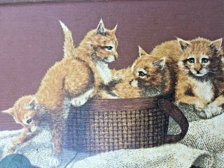 Vintage Oil On Canvas Signed Mc Allister Tabby Cat Kittens In A Basket