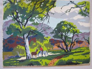 Vintage Paint By Number Landscape,  Trees,  Mountains Horses.  12 " X 16 ".
