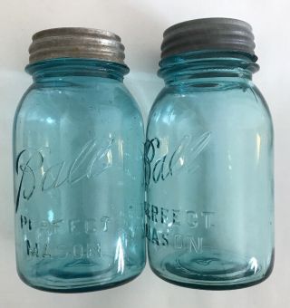2pc Vintage Ball Perfect Mason Ribbed Blue Pint Canning Jar & Ceramic Lid