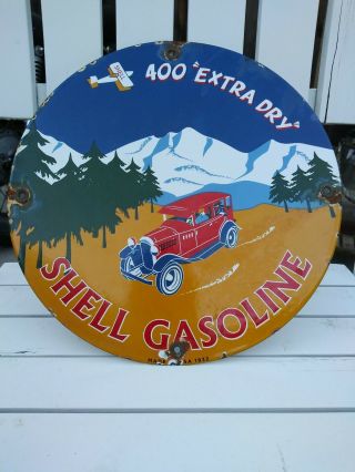 Old 1932 Shell Gasoline 400 " Extra Dry " Porcelain Gas Pump Sign Great Colors