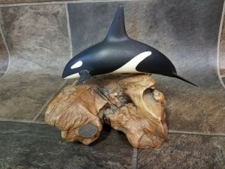 Vintage John Perry Orca Killer Whale On Burl Wood Sculpture