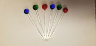 Vintage Set Of 6 Glass Stir Swizzle Sticks Picks / Muddlers Colors