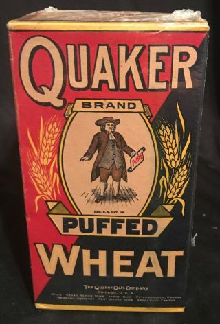 Vintage 1920s Quaker Oats Puffed Wheat Cereal 5oz Box Oldie / Goody Colors