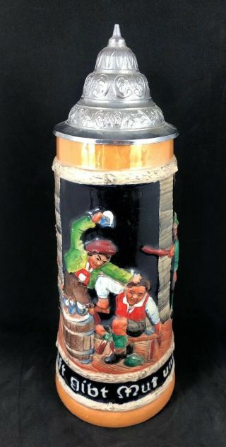 Vintage West German Beer Stein With Gold Luster And Fight Scene In Relief 10k
