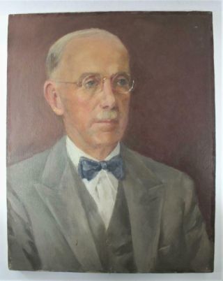 Vintage Mid - Century Old Portrait Oil Painting Man Glasses Antique Suit