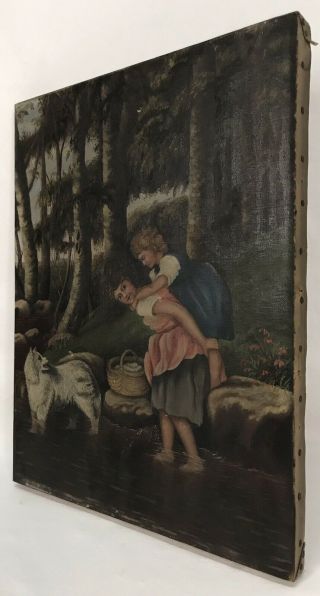 Antique Late 19th C Oil Painting Two Girls & Dog Forest River Unframed 7