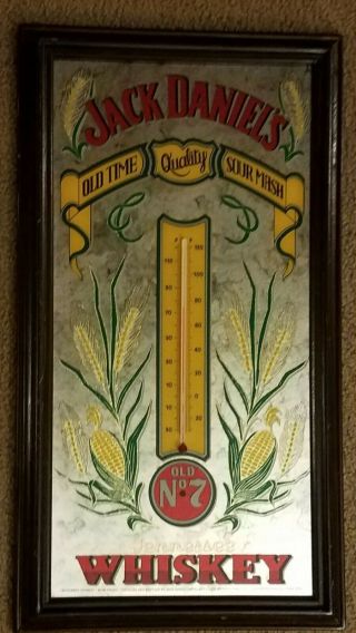 Vintage Jack Daniels Bar Mirror With Thermometer Wood Frame Sign Whiskey