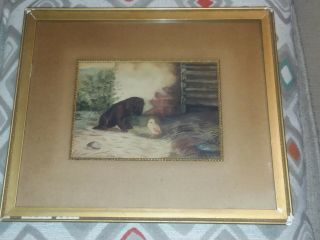 Antique Victorian Watercolor Painting Puppy And Baby Chick