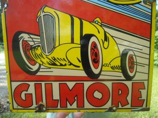 OLD 1939 GILMORE LION HEAD MOTOR OIL PORCELAIN GAS PUMP SIGN 2