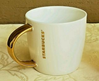 Starbucks White Coffee Cup Mug With Gold Handle 2015 With Sticker 14 Oz