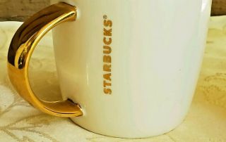 STARBUCKS WHITE COFFEE CUP MUG WITH GOLD HANDLE 2015 WITH STICKER 14 OZ 2