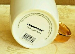 STARBUCKS WHITE COFFEE CUP MUG WITH GOLD HANDLE 2015 WITH STICKER 14 OZ 3