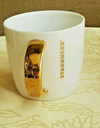 STARBUCKS WHITE COFFEE CUP MUG WITH GOLD HANDLE 2015 WITH STICKER 14 OZ 4