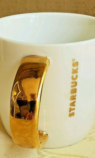 STARBUCKS WHITE COFFEE CUP MUG WITH GOLD HANDLE 2015 WITH STICKER 14 OZ 5