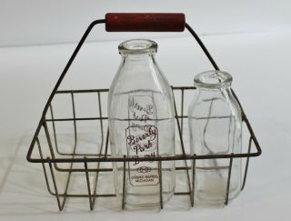 Vintage Milk Carrier Metal Wire Basket Crate Wooden Red Handle No Bottles