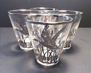 Set Of 4 Clear Glass With Platinum Flying Duck Goose Shot Whiskey Glasses