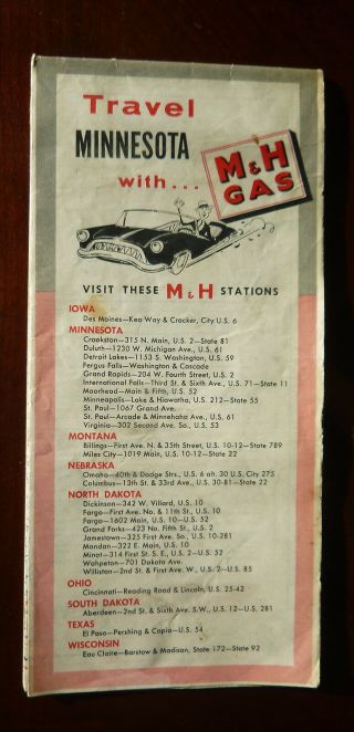 1957 Minnesota Road Map M & H Oil Gas